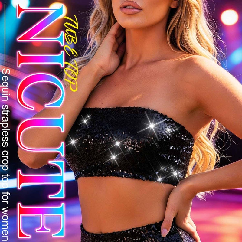 Nicute Sequin Tube Top Sparkly Crop Tops for Women - Image 2
